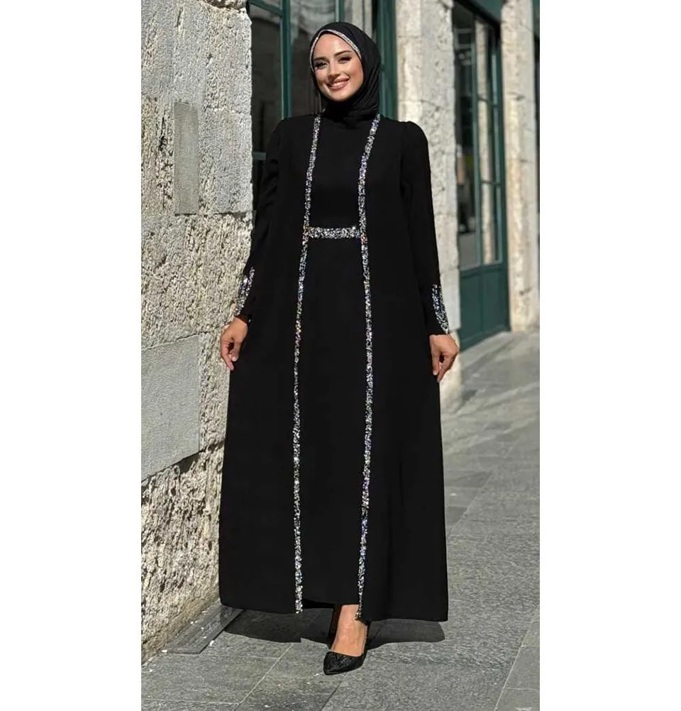 Modest Muslim Woman's Glamor Two Piece Abaya - 3838 Black