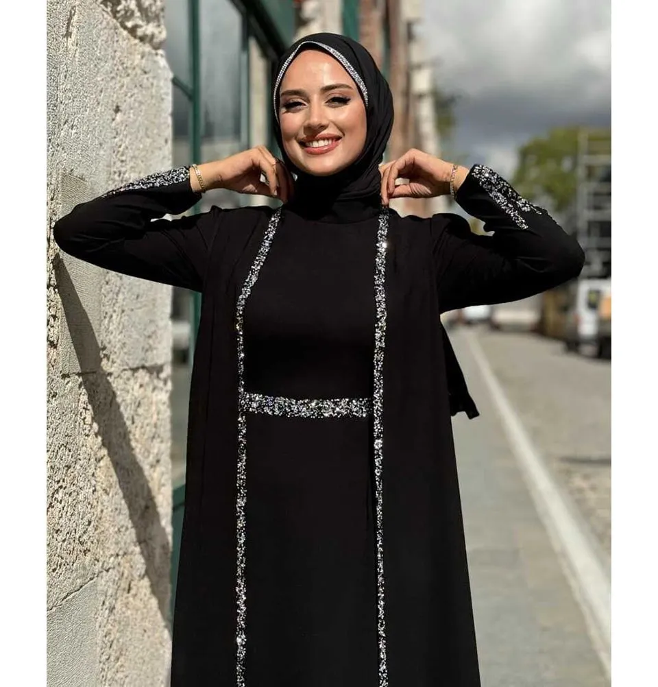 Modest Muslim Woman's Glamor Two Piece Abaya - 3838 Black