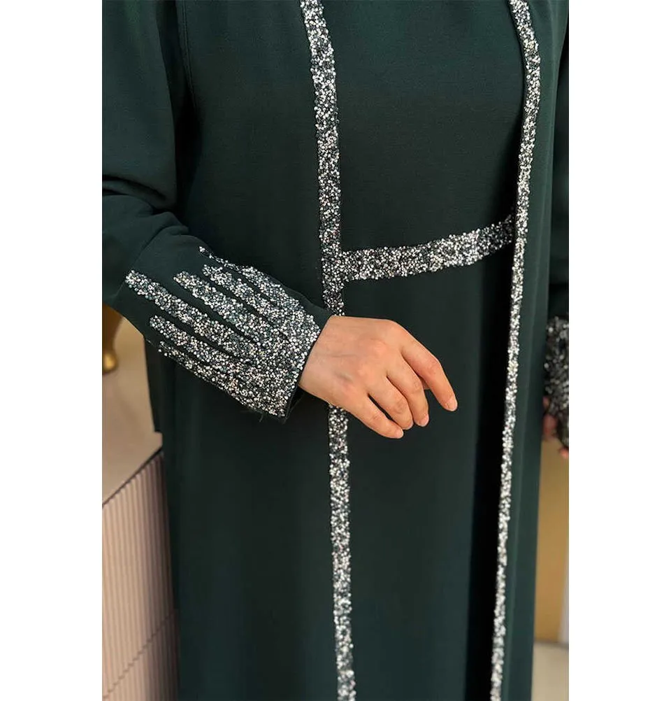 Modest Muslim Woman's Glamor Two Piece Abaya - 3838 Forest Green