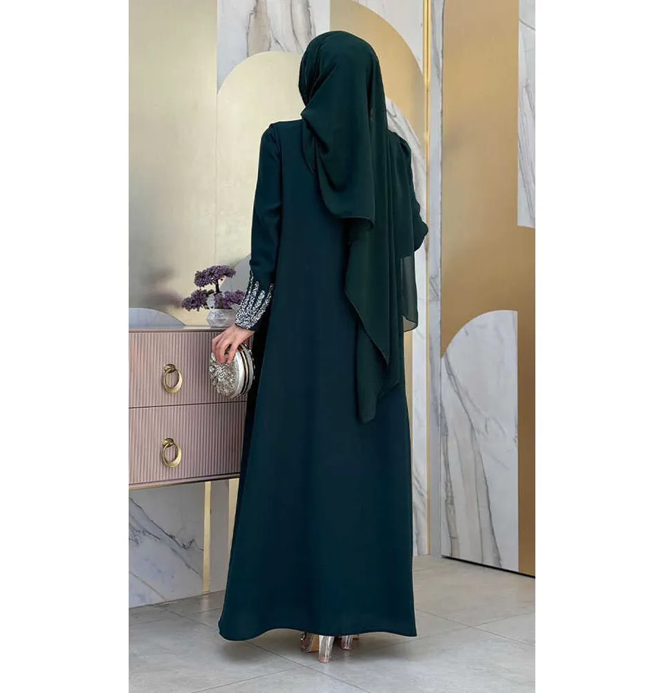 Modest Muslim Woman's Glamor Two Piece Abaya - 3838 Forest Green