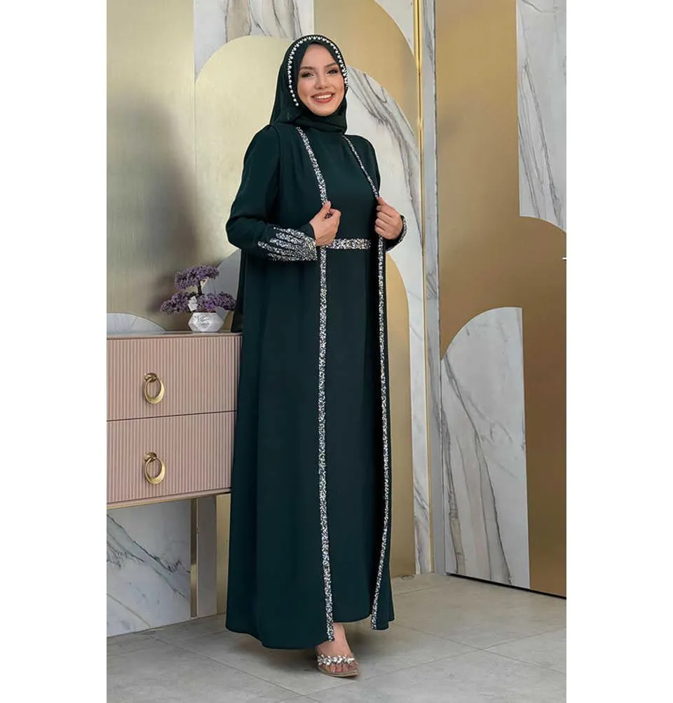 Modest Muslim Woman's Glamor Two Piece Abaya - 3838 Forest Green