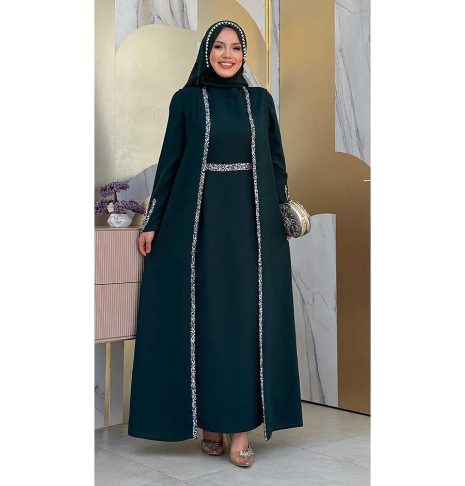 Modest Muslim Woman's Glamor Two Piece Abaya - 3838 Forest Green