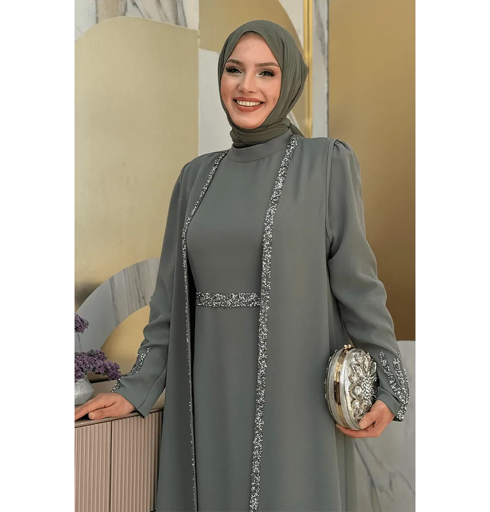 Modest Muslim Woman's Glamor Two Piece Abaya - 3838 Mint Green