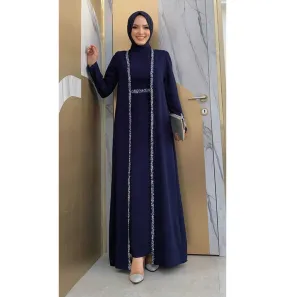Modest Muslim Woman's Glamor Two Piece Abaya - 3838 Navy Blue