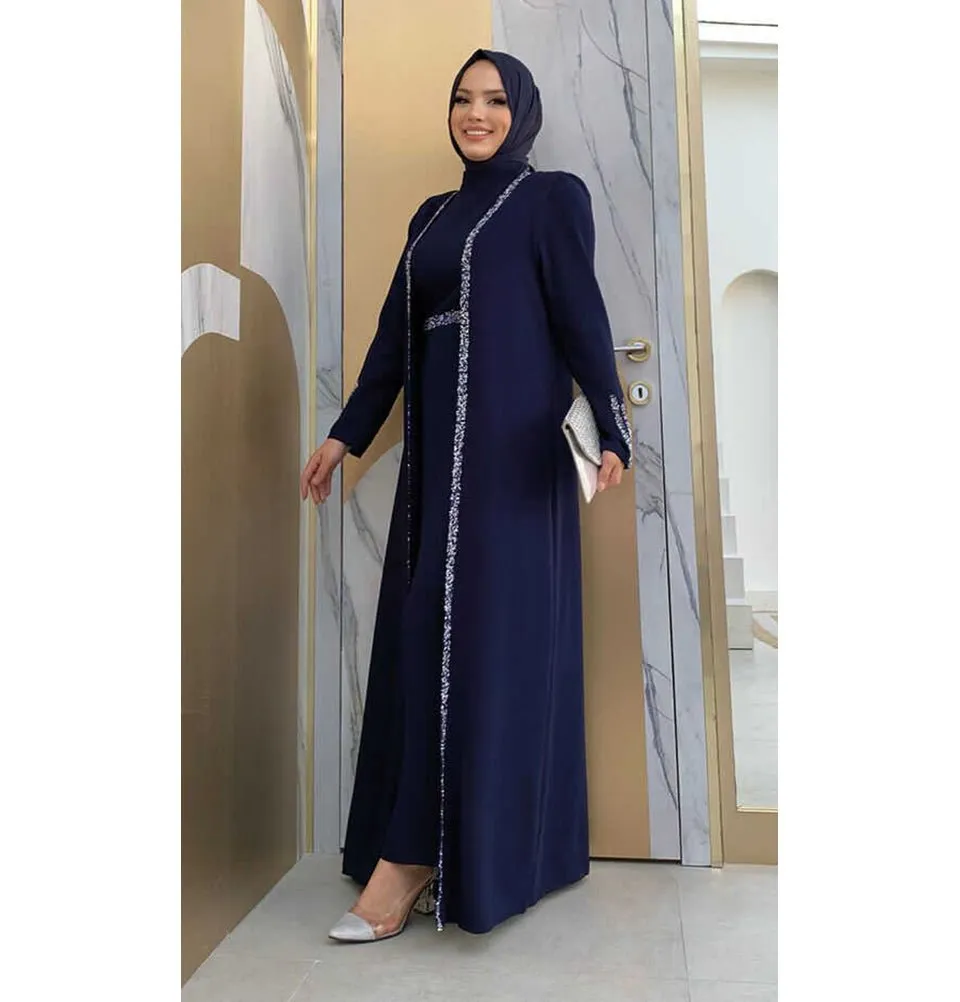 Modest Muslim Woman's Glamor Two Piece Abaya - 3838 Navy Blue