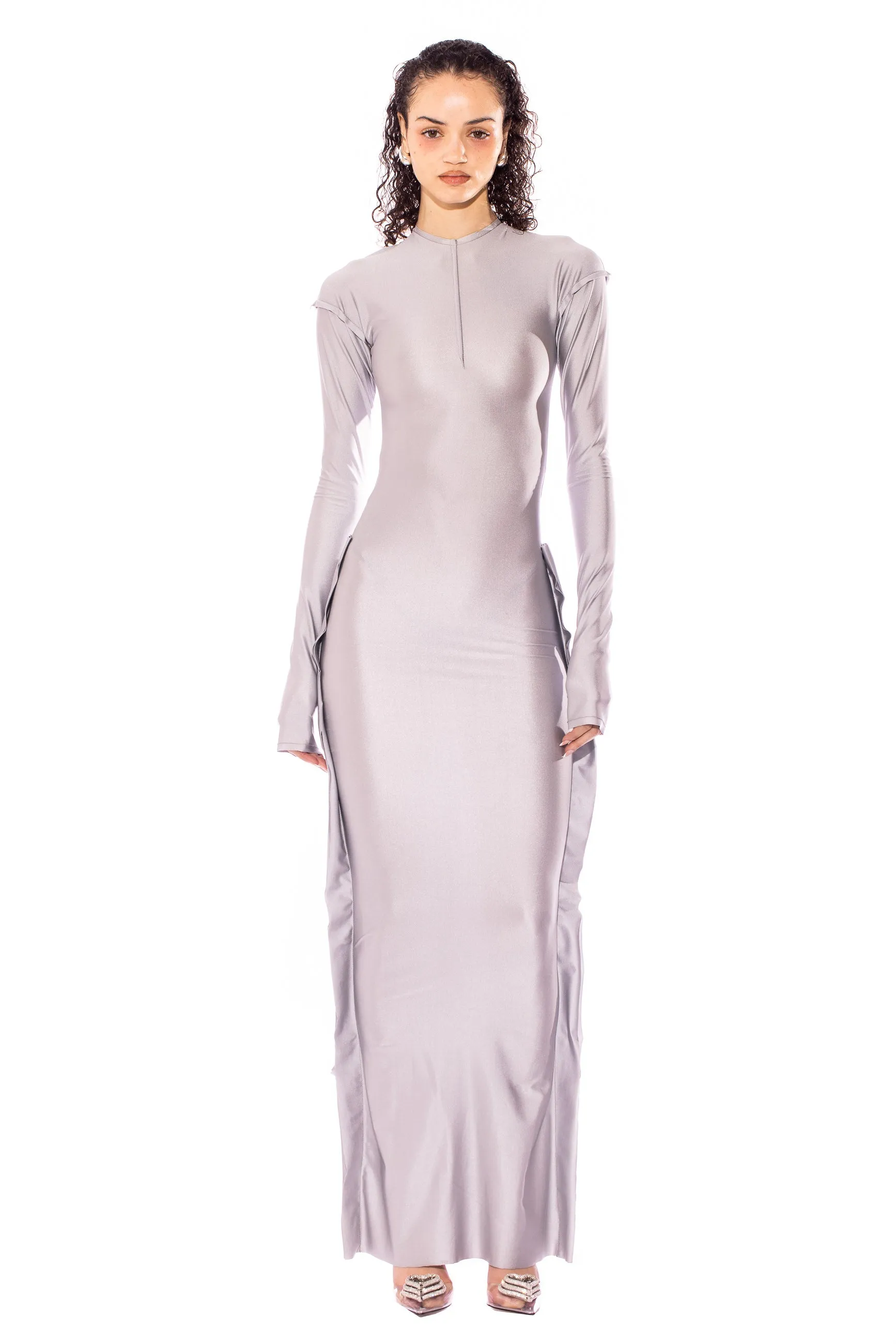 OPEN SEAM MAXI DRESS IN SILVER STRETCH