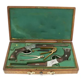 Original European Circa 1875 Remington Rolling Block Pistol Pair in Fitted Case with Accessories