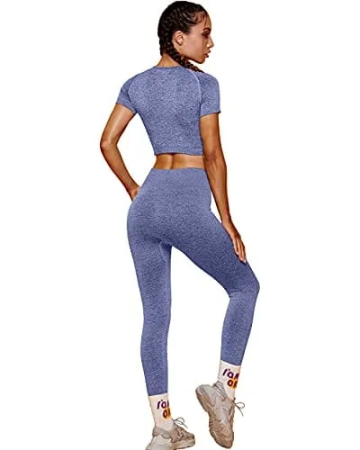 OYS Womens Yoga 2 Pieces Workout Outfits Seamless High Waist Leggings Sports Crop Top Running Sets Blue Grey