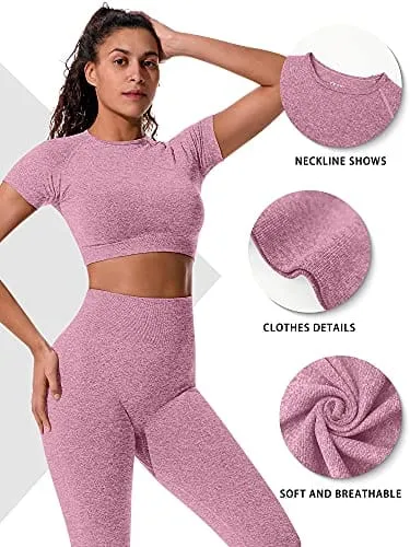 OYS Womens Yoga 2 Pieces Workout Outfits Seamless High Waist Leggings Sports Crop Top Running Sets Fuchsia