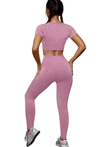 OYS Womens Yoga 2 Pieces Workout Outfits Seamless High Waist Leggings Sports Crop Top Running Sets Fuchsia