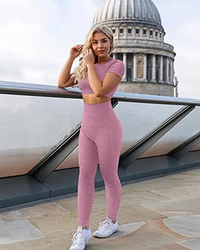 OYS Womens Yoga 2 Pieces Workout Outfits Seamless High Waist Leggings Sports Crop Top Running Sets Fuchsia