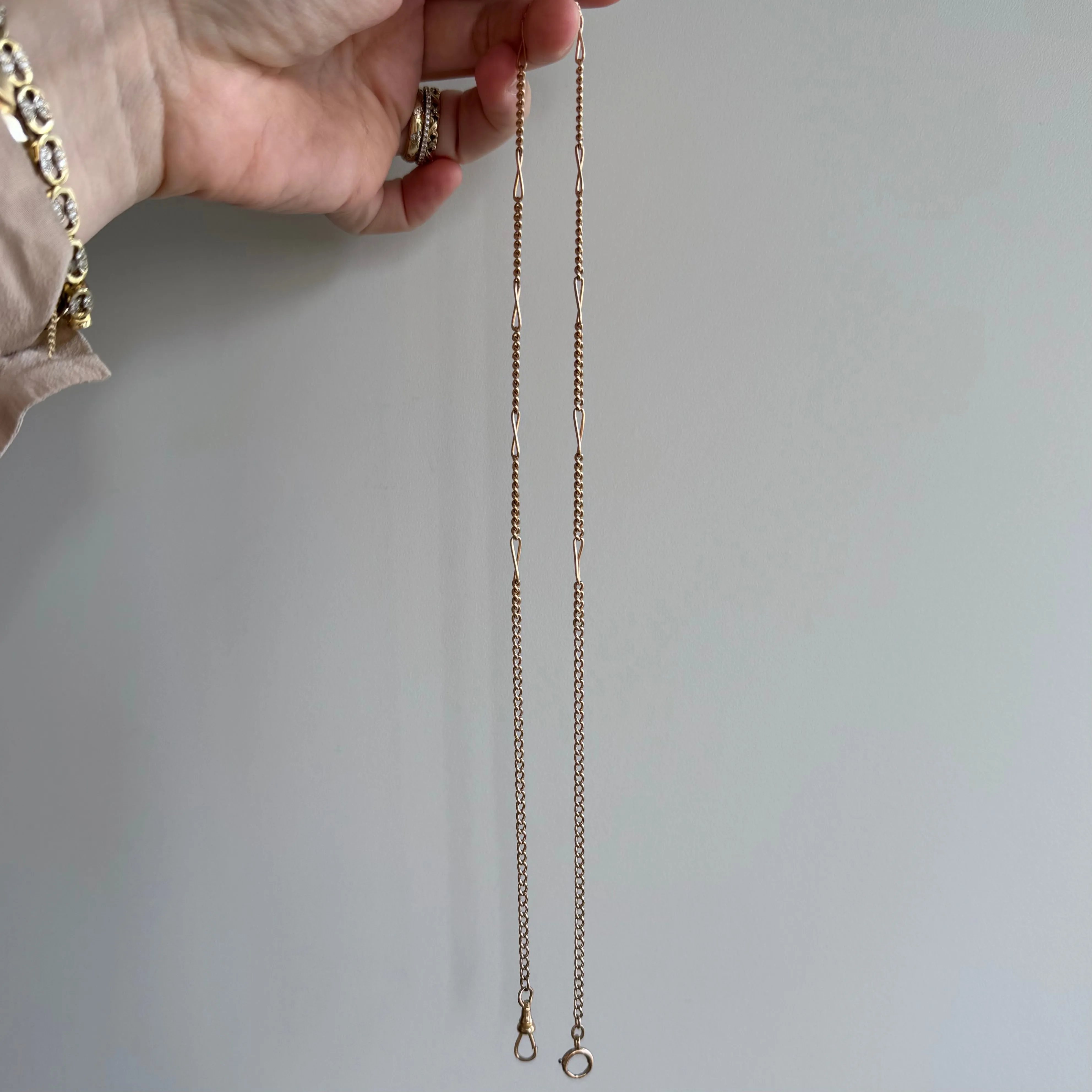 reimagined A N T I Q U E // watch chain mashup / 10k rosy gold curb and fancy figaro chain / 20.25"