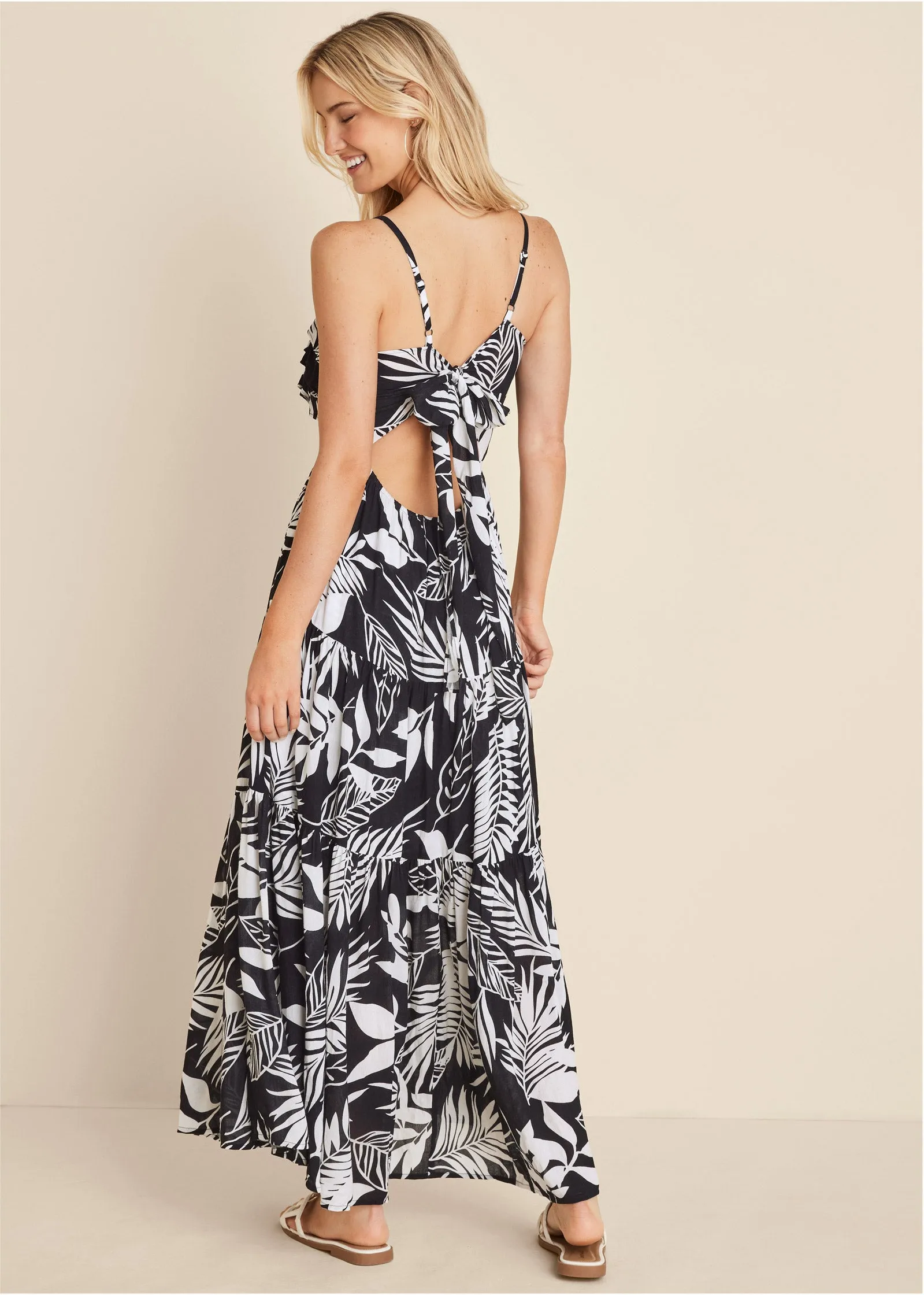 Ruffle Tie-Back Maxi Dress - Black & White
