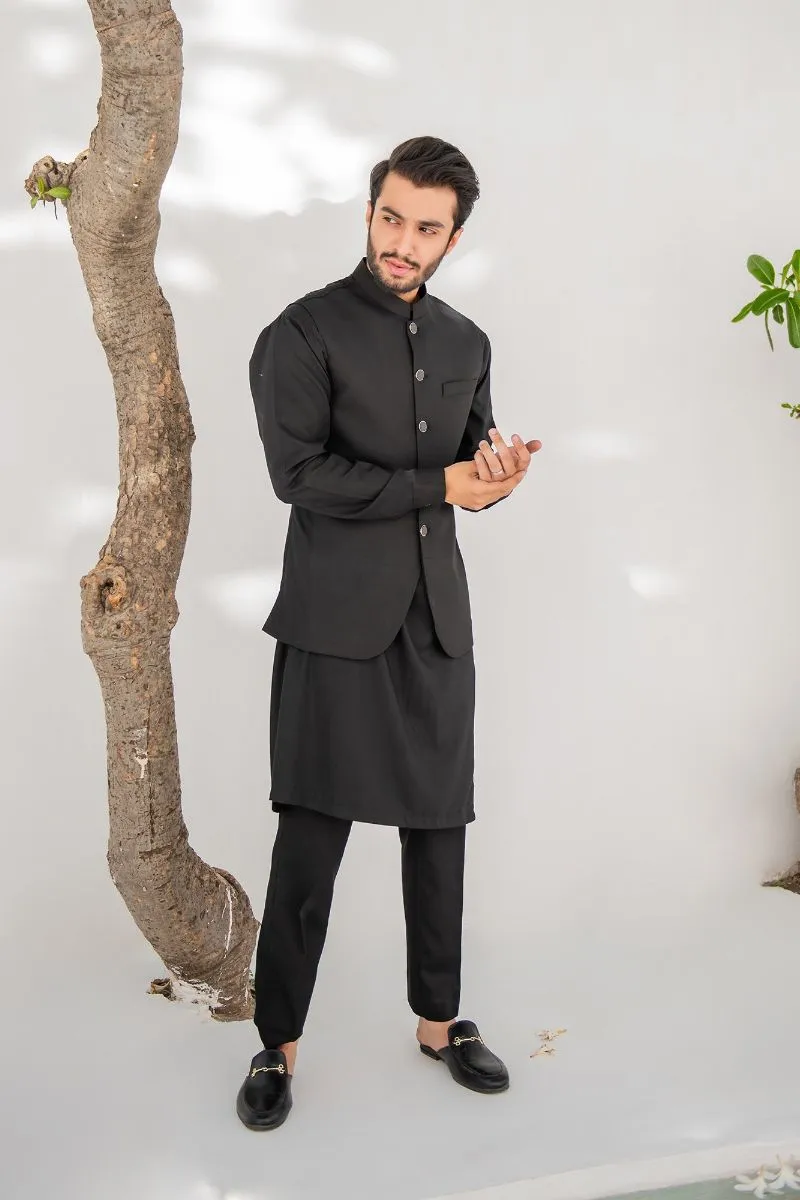 Shahjahan - Wash & Wear - Black Kurta Trouser & Waistcoat - 3 Piece