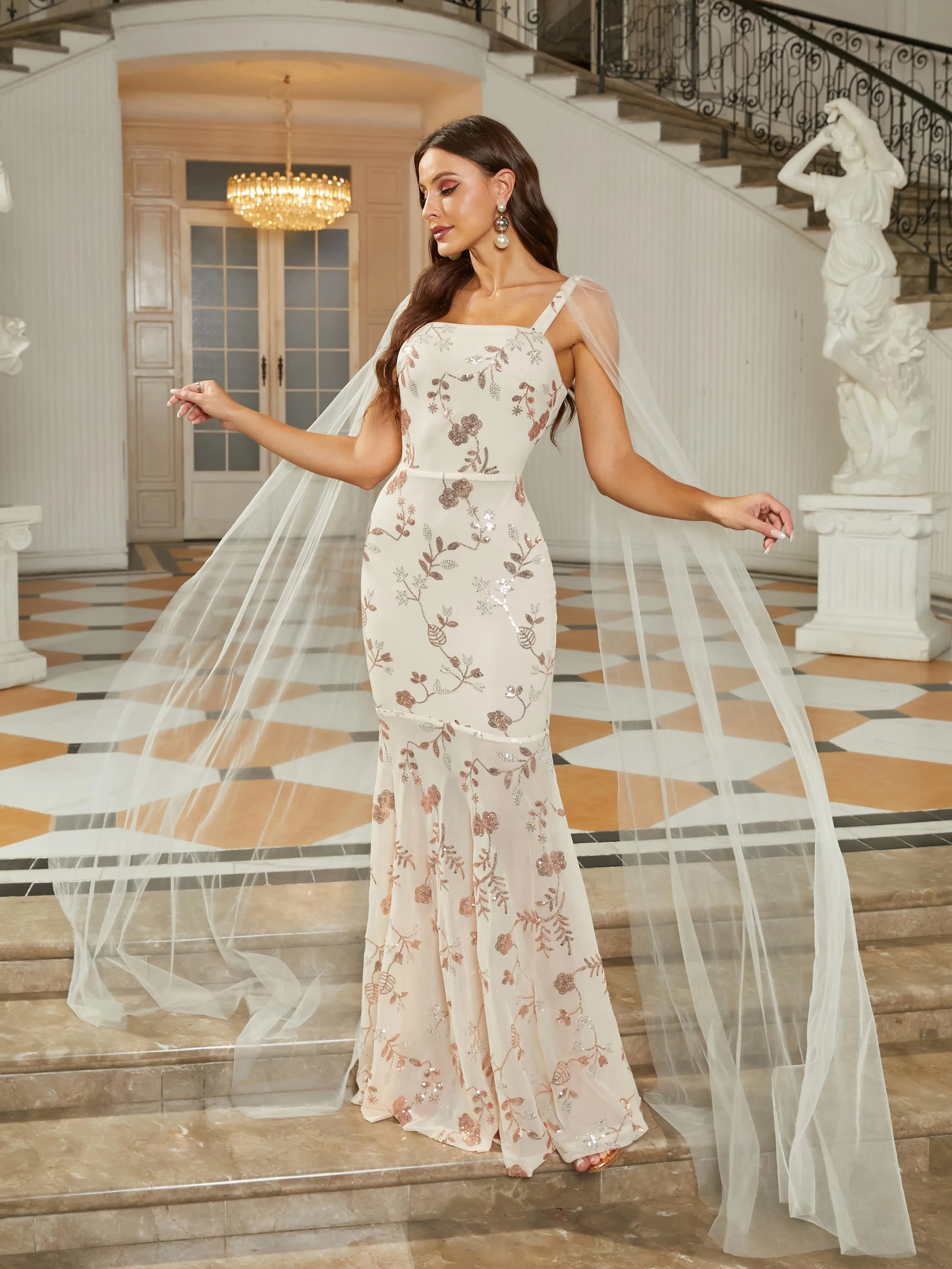 Sleeveless Square Neck Tulle Ribbon Prom Dress RJ10682
