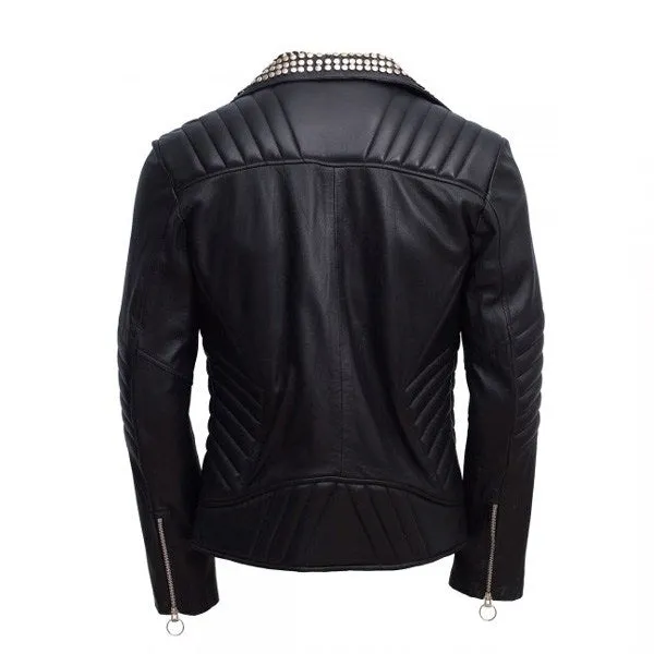 Stylish Padded Leather Jacket with Black Silver Gold Studs for Men