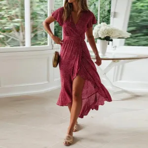 Summer Flared Floral Print Ruffled Maxi Dress