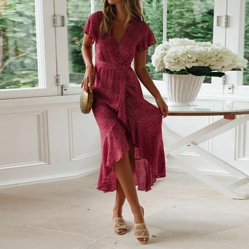 Summer Flared Floral Print Ruffled Maxi Dress