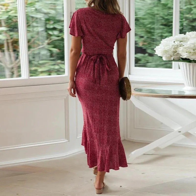 Summer Flared Floral Print Ruffled Maxi Dress