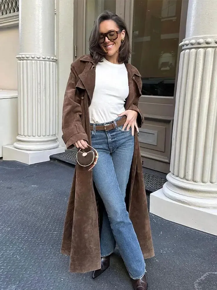 TAVIMART  -  Fashion Solid With Belt Suede Long Jacket 2024 Women Chic Button Lapel Oversize Loose Overcoat Autumn Female High Street Coat