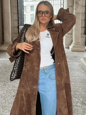TAVIMART - Fashion Solid With Belt Suede Long Jacket 2024 Women Chic Button Lapel Oversize Loose Overcoat Autumn Female High Street Coat TAVIMART - Fashion Solid With Belt Suede Long Jacket 2024 Women Chic Button Lapel Oversize Loose Overcoat Autumn Female High Street Coat