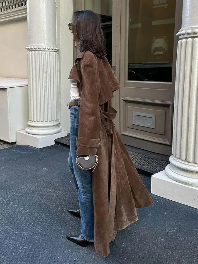 TAVIMART  -  Fashion Solid With Belt Suede Long Jacket 2024 Women Chic Button Lapel Oversize Loose Overcoat Autumn Female High Street Coat