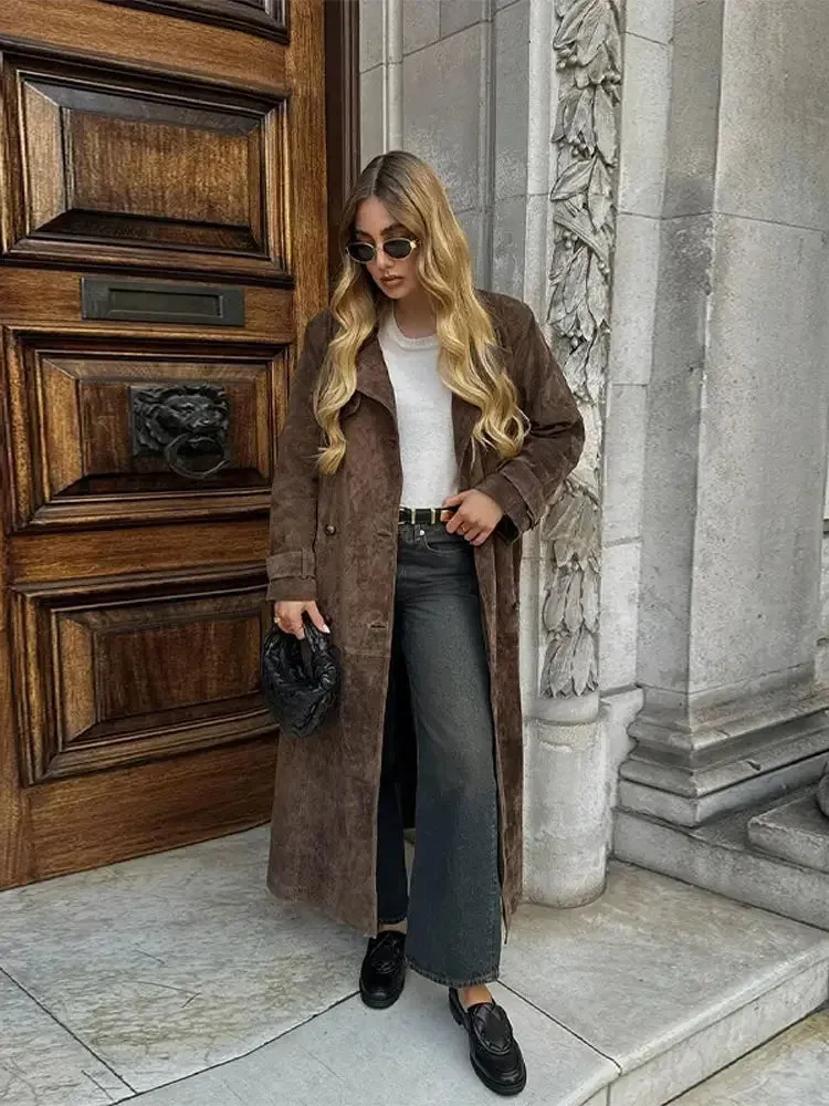 TAVIMART  -  Fashion Solid With Belt Suede Long Jacket 2024 Women Chic Button Lapel Oversize Loose Overcoat Autumn Female High Street Coat