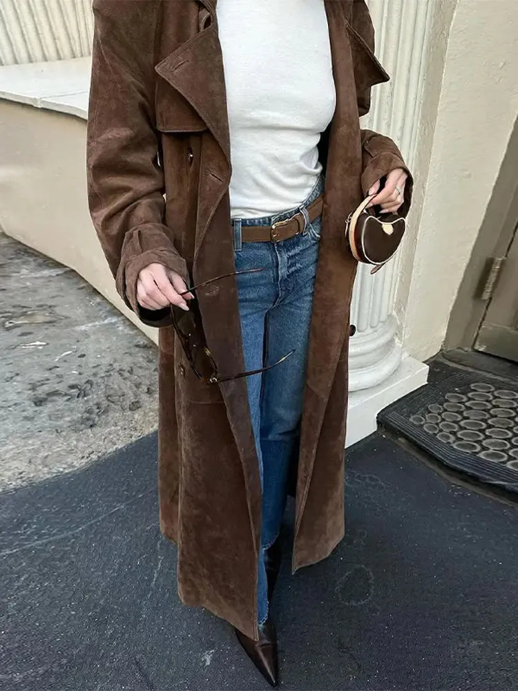 TAVIMART  -  Fashion Solid With Belt Suede Long Jacket 2024 Women Chic Button Lapel Oversize Loose Overcoat Autumn Female High Street Coat