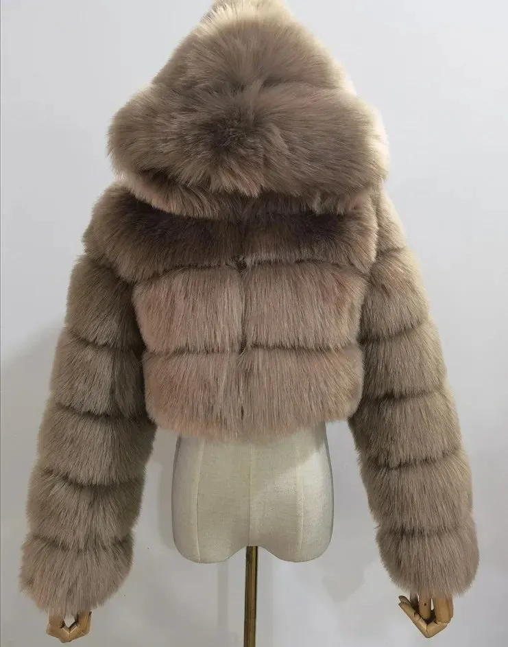 TAVIMART  -  New Fluffy Top Coat with Hooded Autumn Winter Faux Fur Coat Women Jacket Long Sleeve Cropped Puffer Fur Jacket for Women Outwear