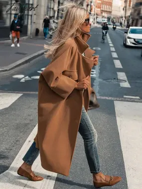 Tavimart Winter Vintage Women Elegant Overcoat With Single Breasted Solid Color Coat Long Warm Wool Fashion Outwear  New Jackets