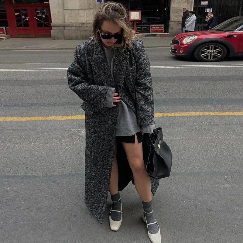 TAVIMART  -  Women Herringbone Wool Tweed Overcoat Fashion Long-Sleeved Turn-down Collar Coat Double Breasted High Street Outerwears