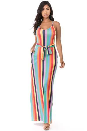 TEEK - RAINBOW DOWN STRIPE POCKETED BELTED DRESS