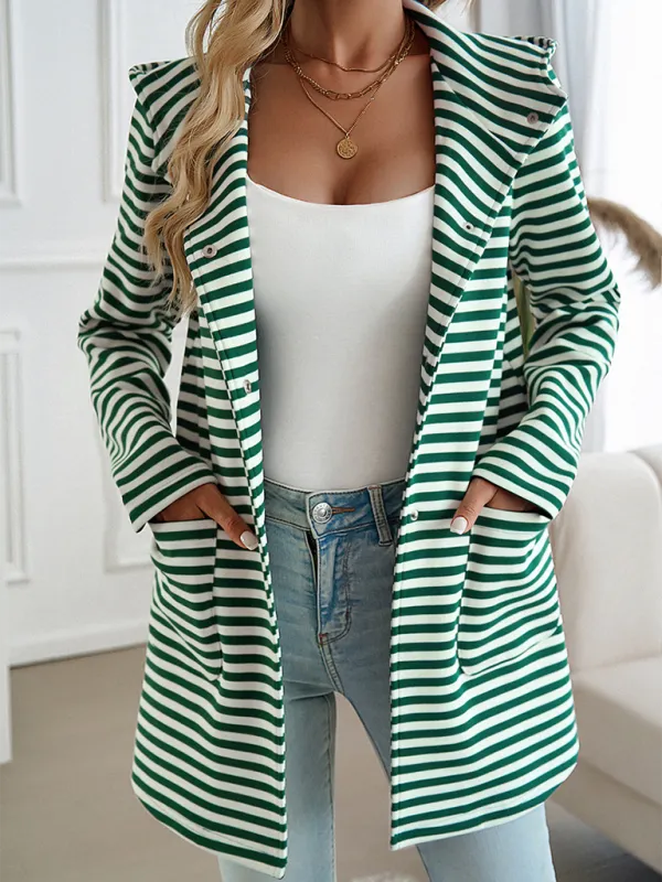 TEEK - Striped Hooded Knit Long Sleeve Coat