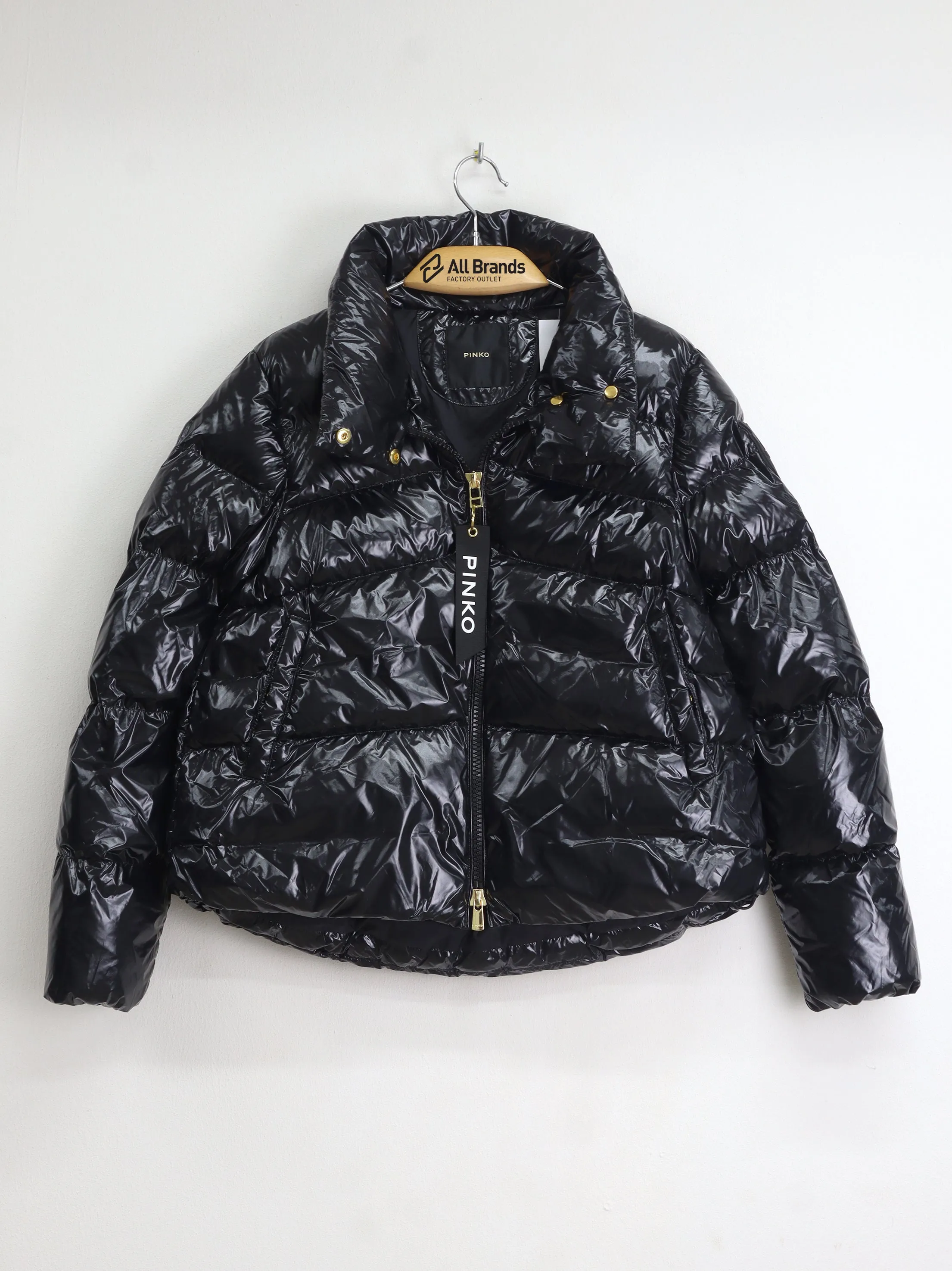 Women's Glossy Puffer Jacket,Black