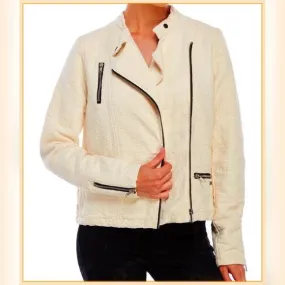Women's Ivory Textured Moto Biker Jacket by Maison Scotch