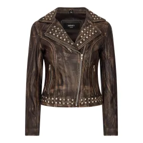 Women's Leather Jacket Cross Zip Studded Moto Brando Biker Coat