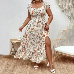 Women's Plus Size Floral Print with Side Slit Summer Dress
