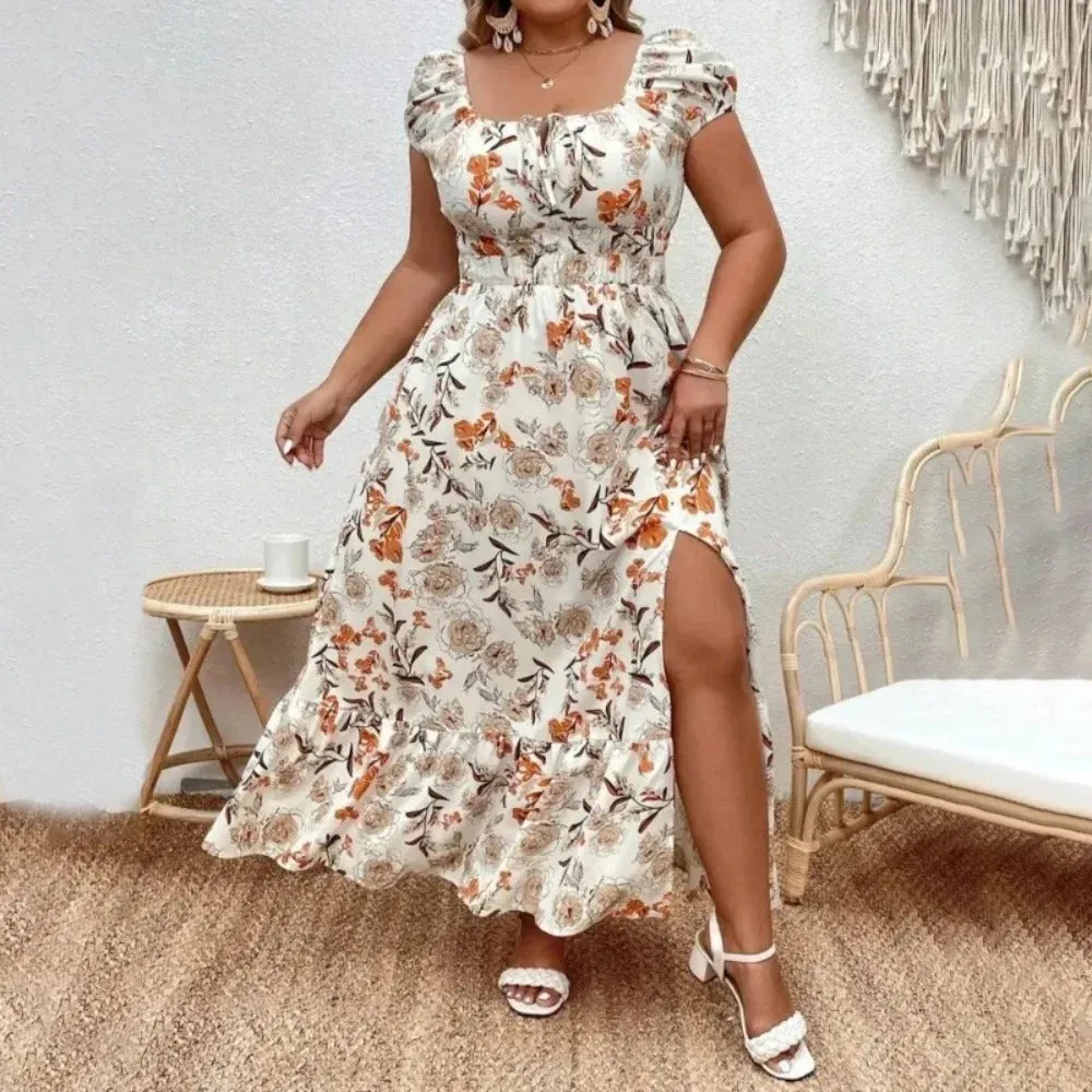 Women's Plus Size Floral Print with Side Slit Summer Dress