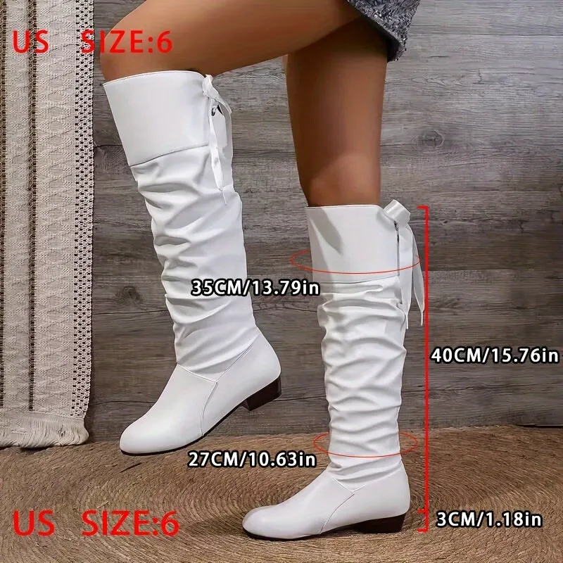 Women's Solid Color Chunky Heel Boots, Fashion Lace Up Knee High Boots, Stylish Long Boots