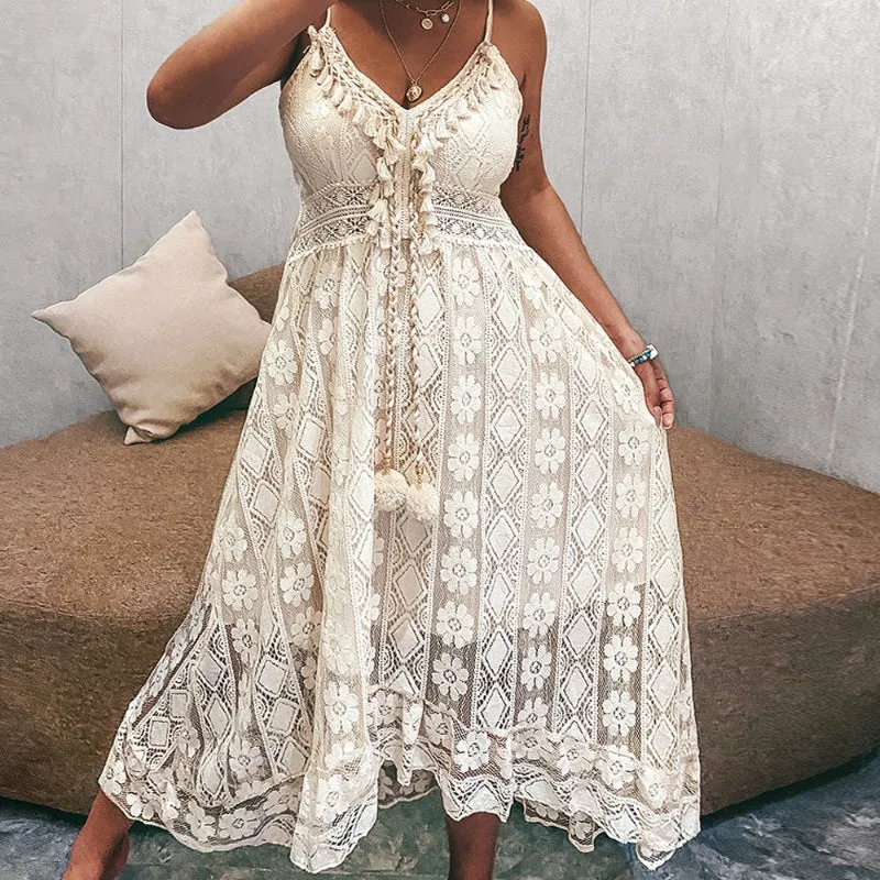 Women's Stunning Floral Lace Summer Beach Lace-Up Maxi Dresses