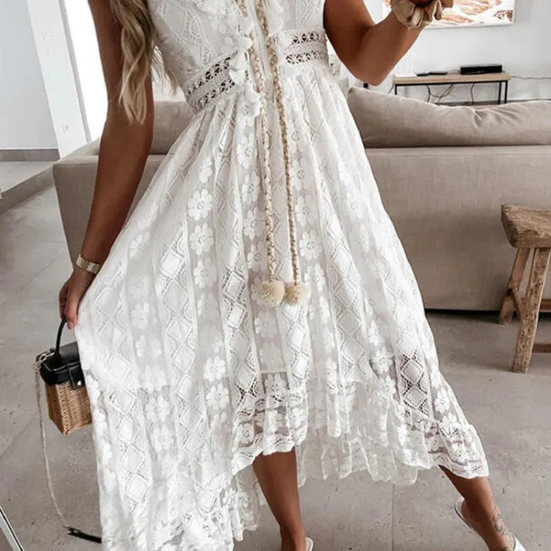 Women's Stunning Floral Lace Summer Beach Lace-Up Maxi Dresses