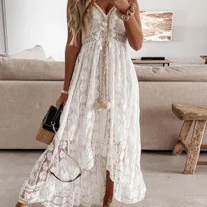 Women's Stunning Floral Lace Summer Beach Lace-Up Maxi Dresses