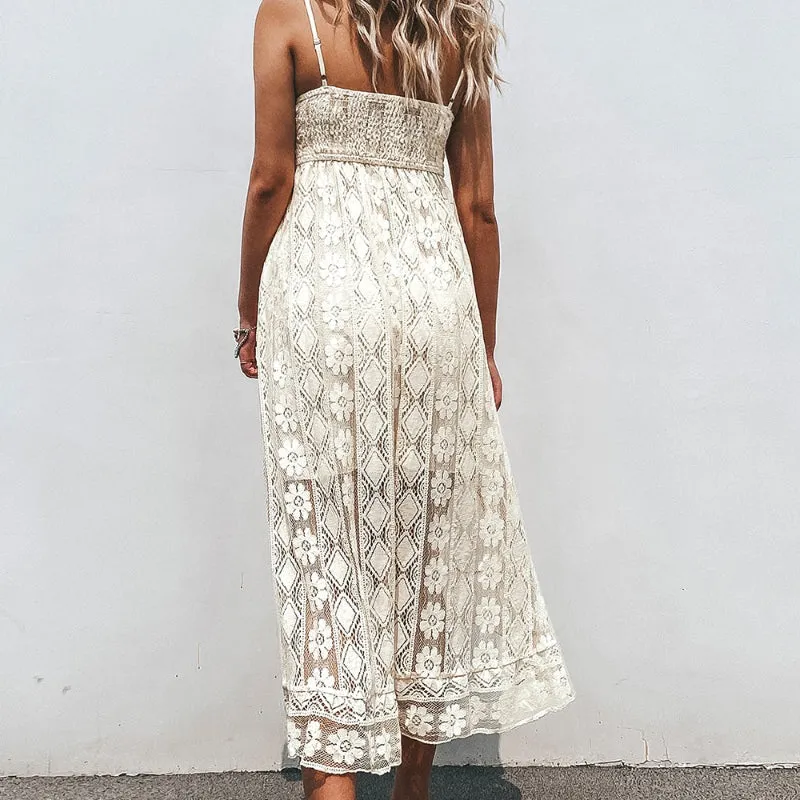 Women's Stunning Floral Lace Summer Beach Lace-Up Maxi Dresses