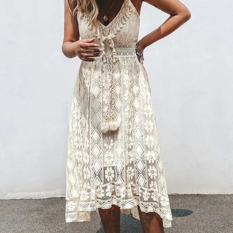 Women's Stunning Floral Lace Summer Beach Lace-Up Maxi Dresses