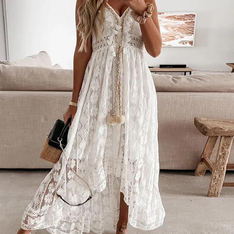 Women's Stunning Floral Lace Summer Beach Lace-Up Maxi Dresses