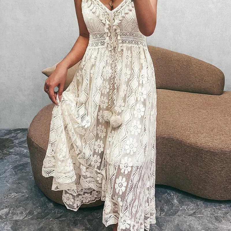 Women's Stunning Floral Lace Summer Beach Lace-Up Maxi Dresses