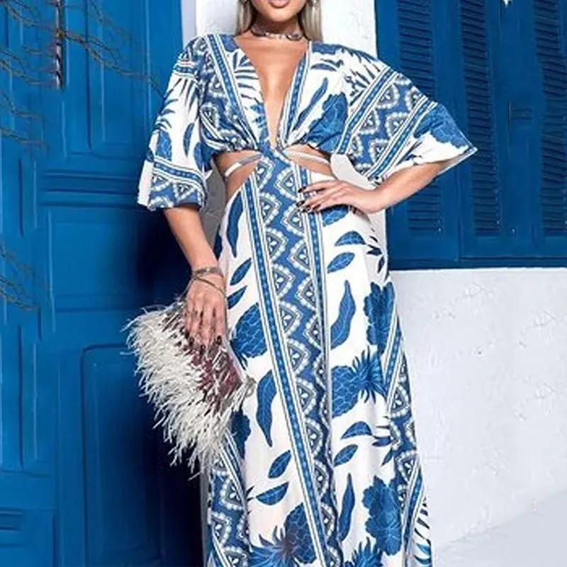 Women's Tropical Print Lace-Up Waist Summer Beach Maxi Dress